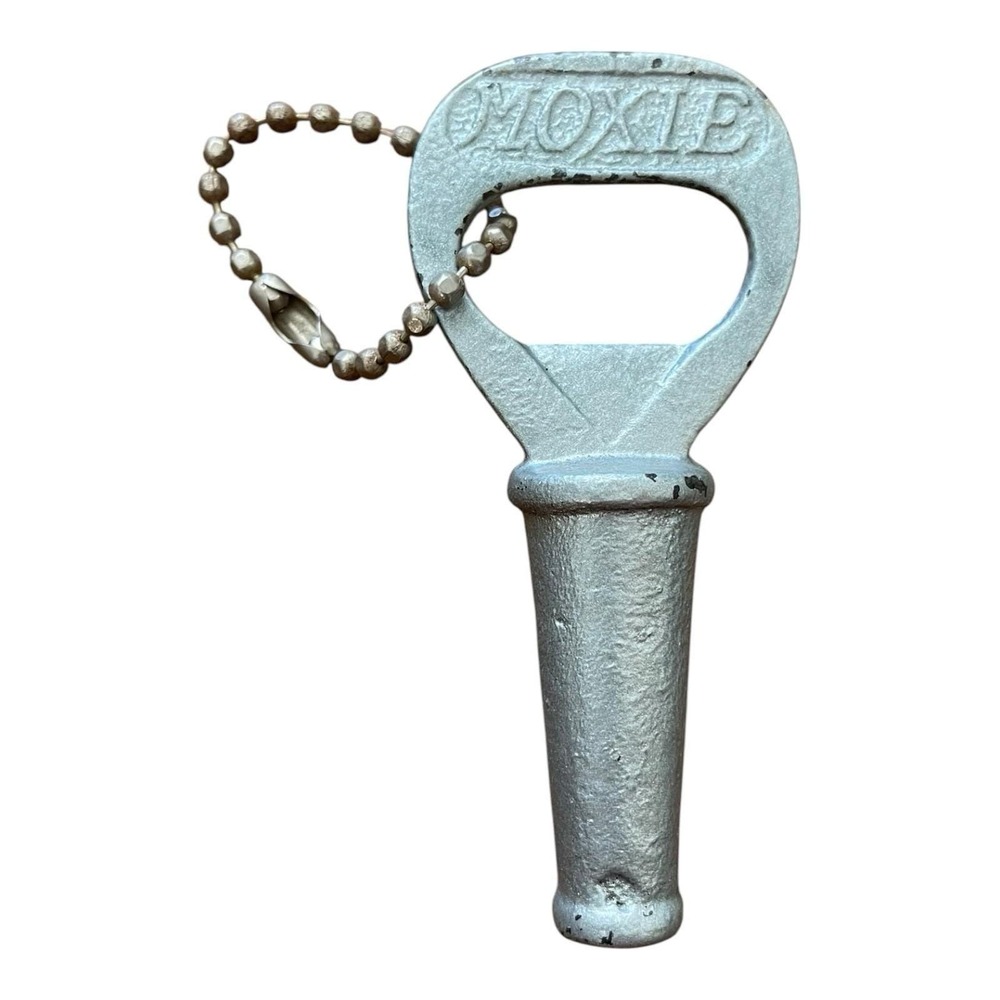 Vintage Moxie Soda Advertising Bottle Opener‎ Zinc Cast Metal Ball Chain 3"